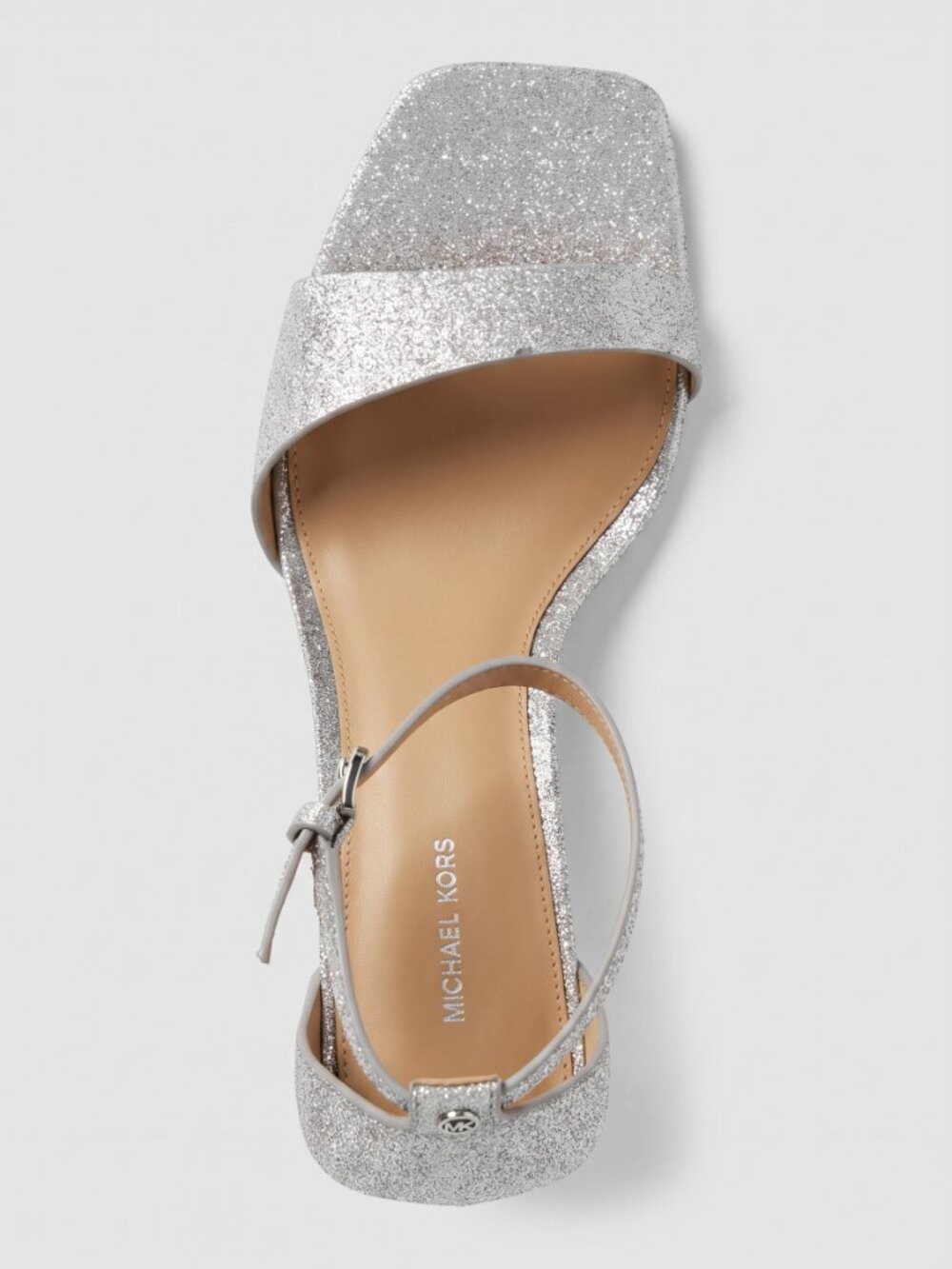 Michael Kors Jaida Silver Glitter Heeled Sandals Women's Ankle Strap Shoes - Picture 2 of 4